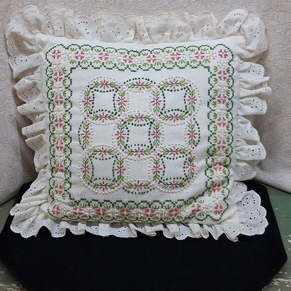 Hand crafted Embroidered Floral Ruffle 16" Square Pillow - Picture 3 of 5